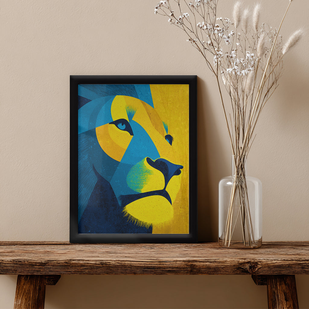 Lion – Modern Yellow Blue Artistic Wall Frame (AN38)